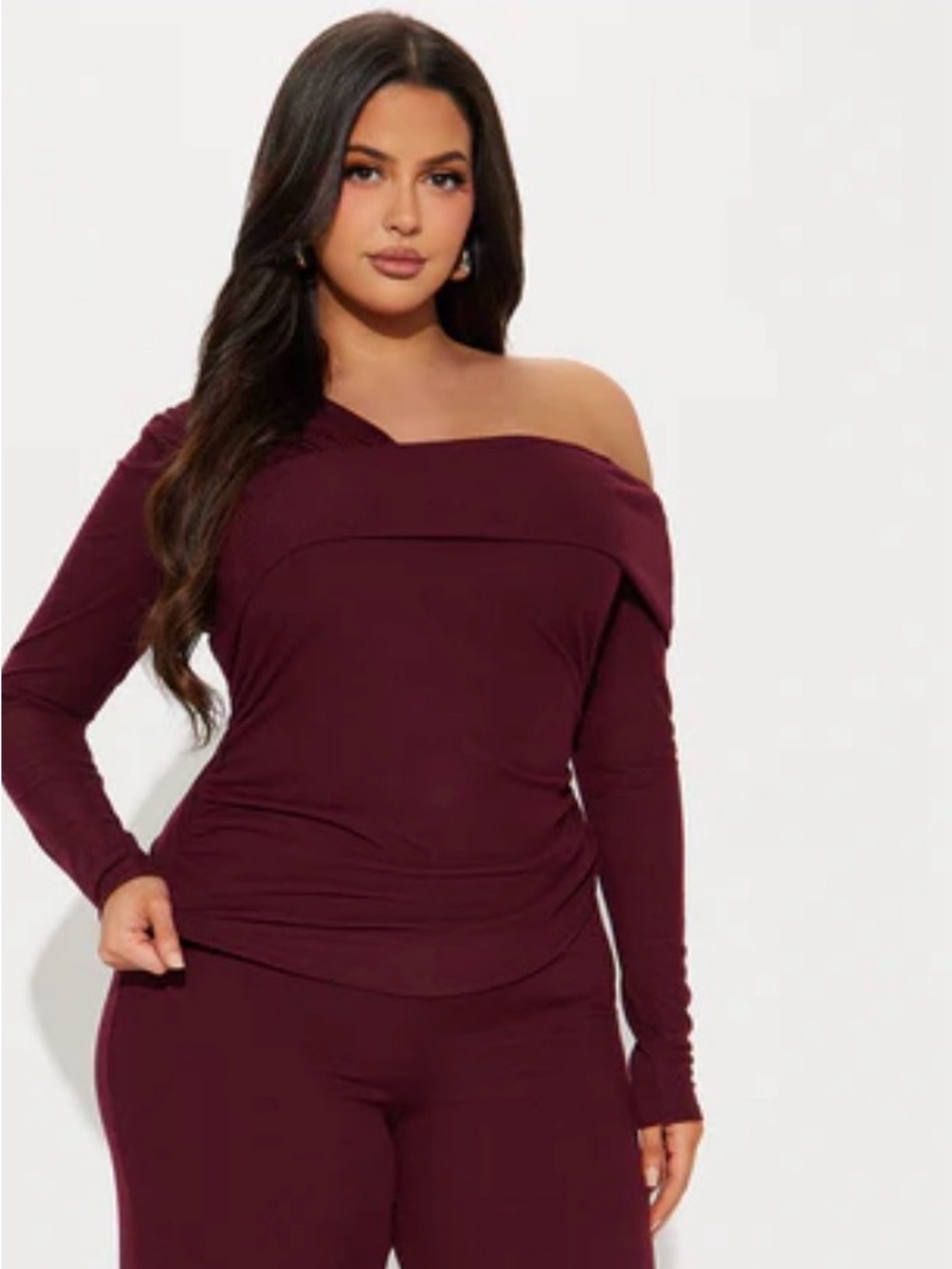 Fashion Nova Off-Shoulder Two-Piece Lounge Set - Wine